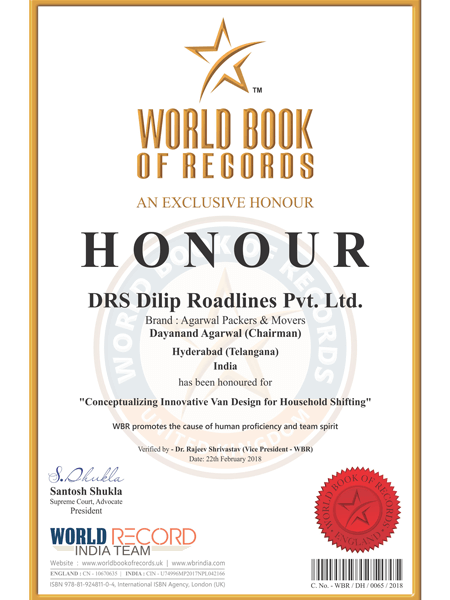 World Book Of Records - Agarwal Packers and Movers DRS Group